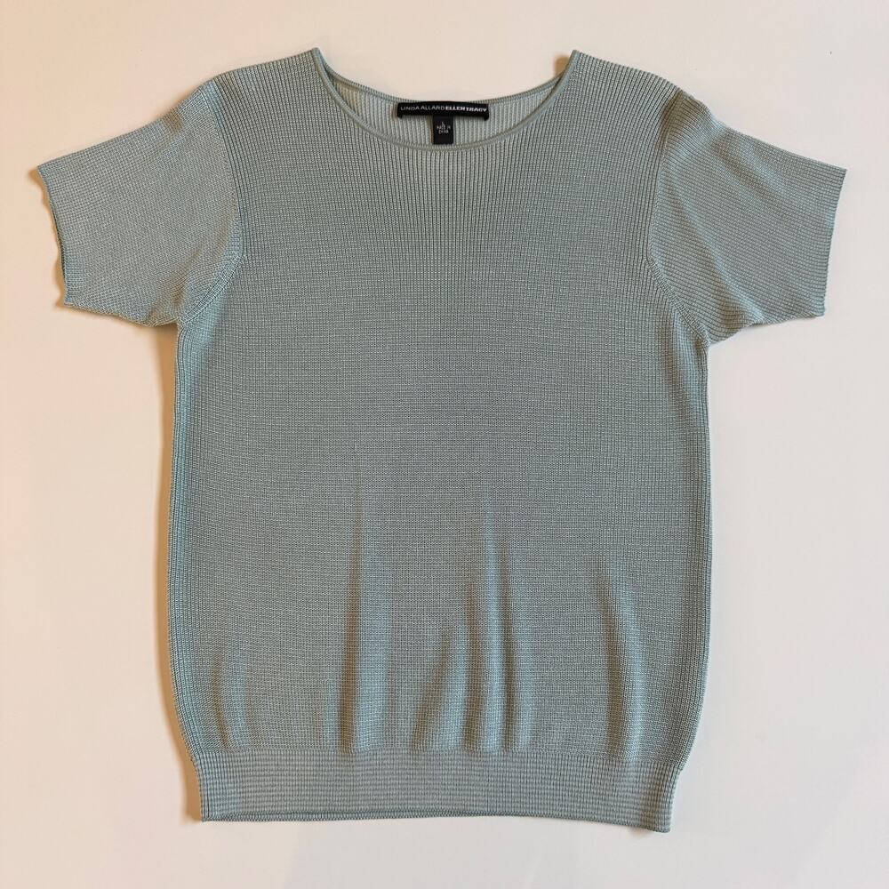 Linda Allard Ellen Tracy Pastel Sage Green Silk Short Sleeve Sweater Large EUC